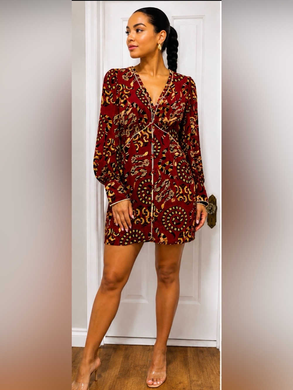 FARM Rio x Anthropologie Long-sleeve v-neck mini dress